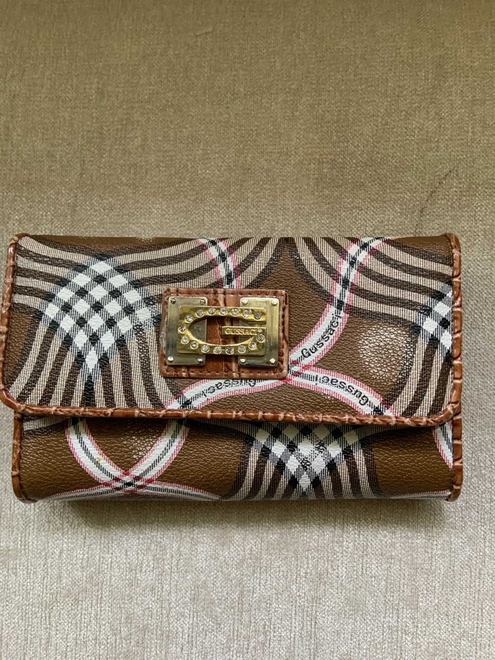 GUSSACI Brown Patterned Clutch Wallet with Gold Accent